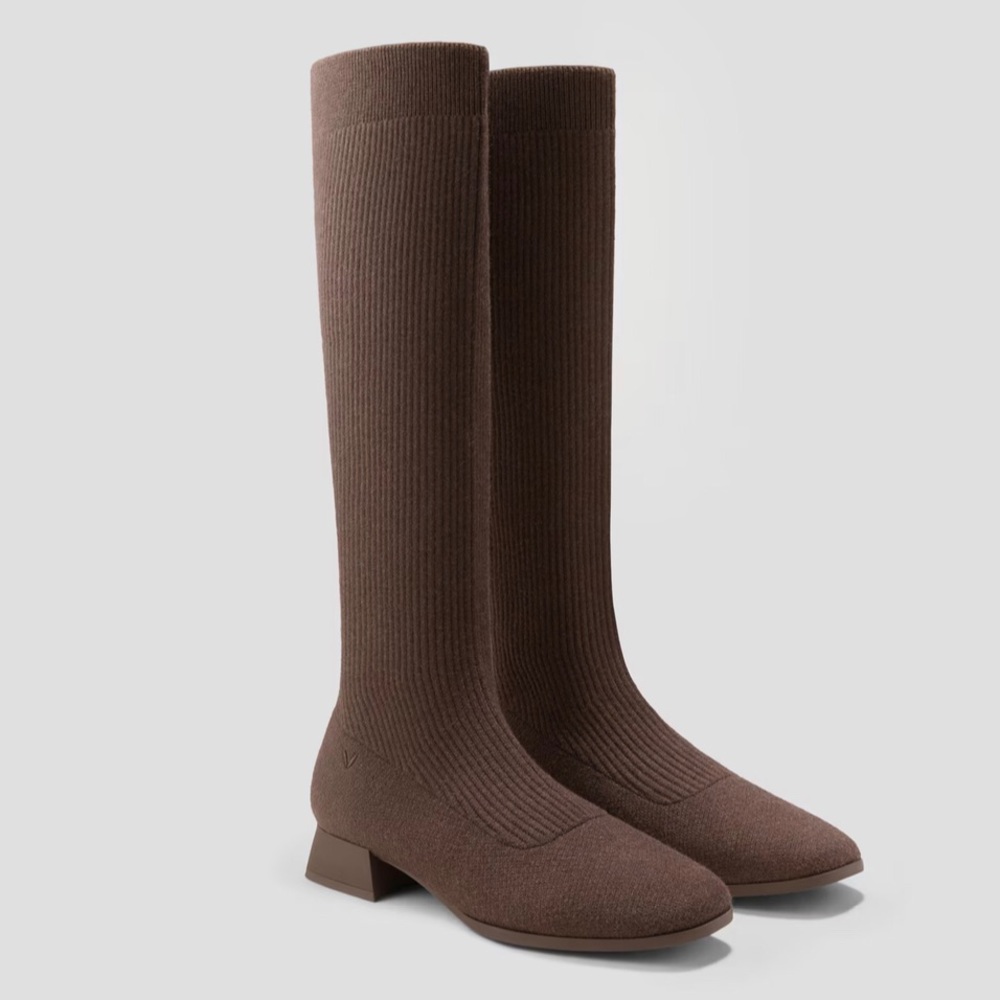 Vivaia Square-Toe Water Repellent Wool Knee-High Boots in Dark Chocolate
